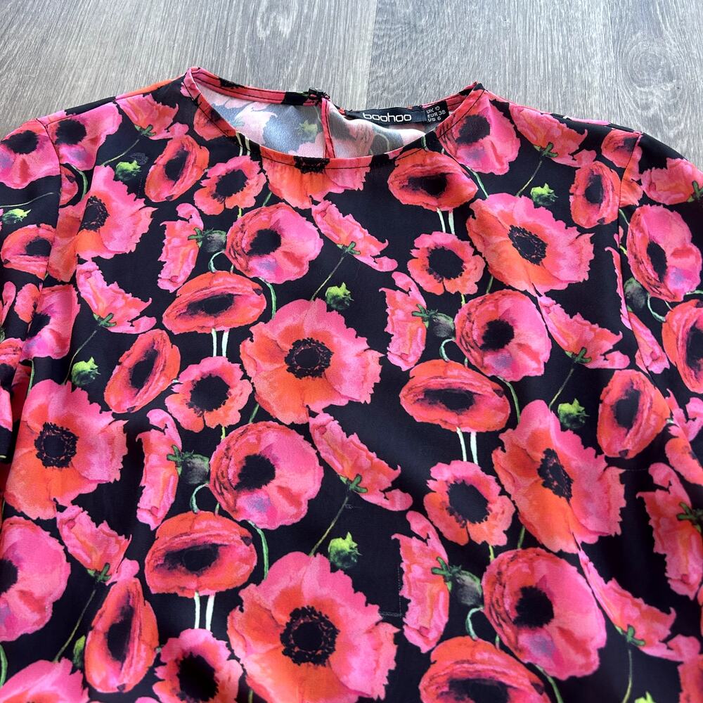 EUC Boohoo Hot Pink and Red Poppy Floral Long Sleeve Ruffle Cuff Dress Mini US 6 - Picture 7 of 16